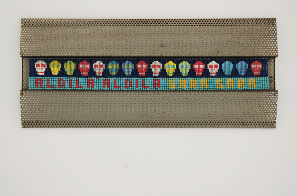 Aldo Grazzi, Aldilà, 1988, braided beads iron frame, 20,5 x 48 cm